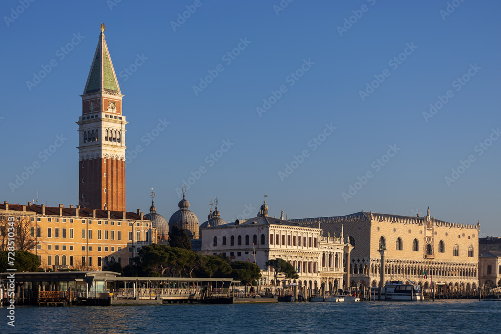 San Marco Square Waterfront in a beautiful Sunny Blue Sky Day - Venice Italy