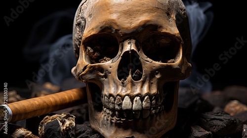 Skull with cigarette smoke, black background, tobacco addiction leading to death