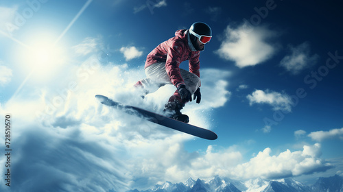 Athletic Snowboarder in Mid-Jump Against a Vivid Blue Sky, Showcasing Extreme Winter Sports and Adrenaline