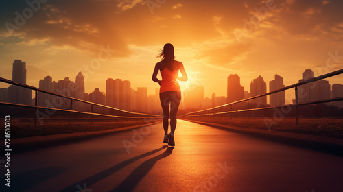 Athletic Woman Running on an Urban Pathway at Sunrise, with the City Skyline in the Background, Symbolizing Healthy Lifestyle and Determination © Damian