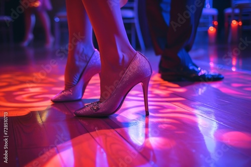 A fashion-forward person's ankles are adorned with glamorous high heels, ready to dance the night away in style