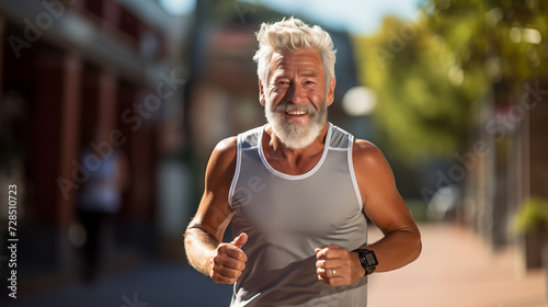 Energetic Senior Man in Sportswear Running in Urban Area, Reflecting an Active Lifestyle and Healthy Aging