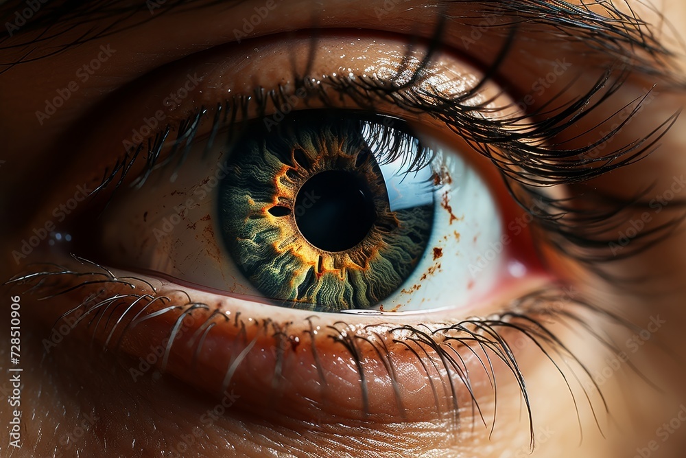 Detailed close-up of vibrant iris and burst capillaries, high-res frontal eye texture