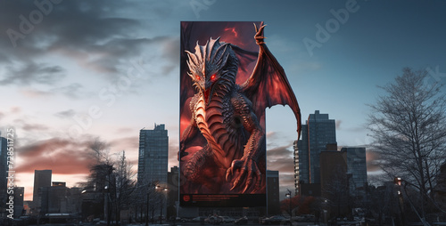 Dragon on the billboard in the city at sunset, 3d render, 3D rendering of a dragon in a city setting with dramatic clouds