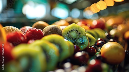 representation of a conveyor belt process, showcasing vibrant colors and dynamic angles of a diverse assortment of tropical fruits, with a focus on kiwi