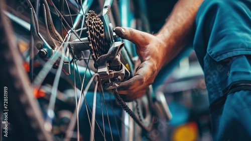 Essential Workshop Tools with a Background of a Bicycle Mechanic Repairing a Wheel: Bicycling, Repair, Wheel Service,