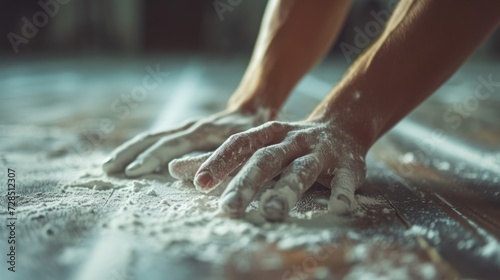 Athlete chalking hands before a gymnastics routine, close-up capturing the preparation and concentration