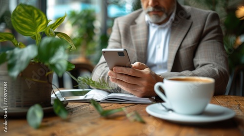 Close-up of a business person reading the financial news on a smartphone, with the morning coffee beside them