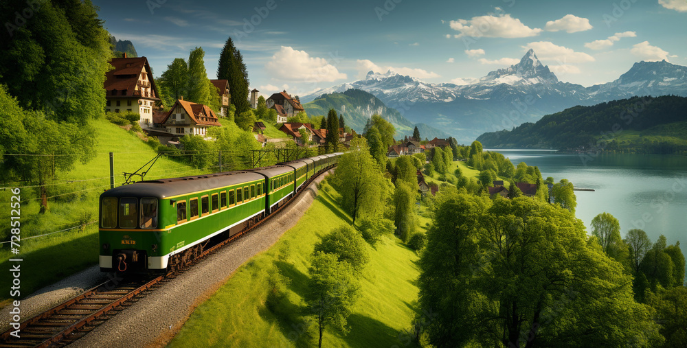 Train on lake Lucerne, Switzerland. Panoramic view.Panoramic view of Bernese Oberland with train, Switzerland