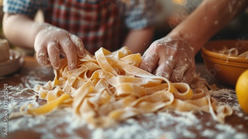 Close-up of a family's hands preparing homemade pasta, flour dusted on the kitchen counter