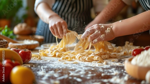 Close-up of a family's hands preparing homemade pasta, flour dusted on the kitchen counter