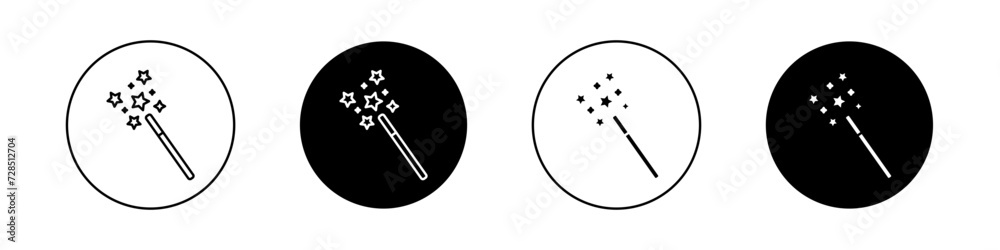 Magic Wand Icon Set. Wizard Star Magician Miracle Dust Vector Symbol in a black filled and outlined style. Fairy Tale Trick Button Sign. - obrazy, fototapety, plakaty 