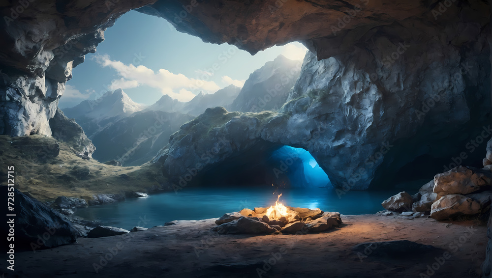 Secluded mountain cave with a serene blue ambiance, offering an intimate space for text or product integration.