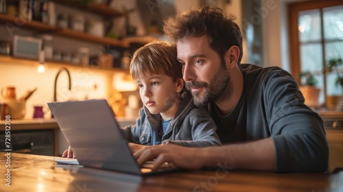 Close-up of a parent and child at the kitchen table, both focused on their laptops, remote work and study session