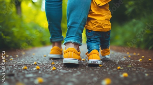 Close-up of a parent and child's feet, wearing matching shoes and walking together photo