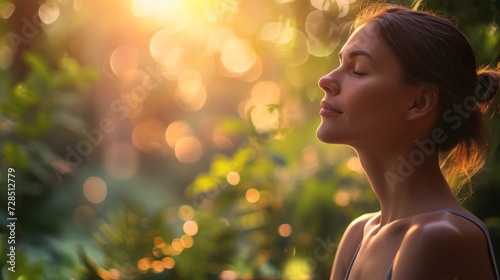 Close-up of a person practicing deep breathing in a serene outdoor setting, peace and tranquility evident photo