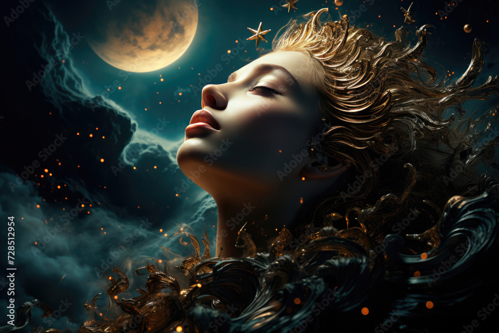 Metaphor of a woman and the moon in the night sky - obrazy, fototapety, plakaty 