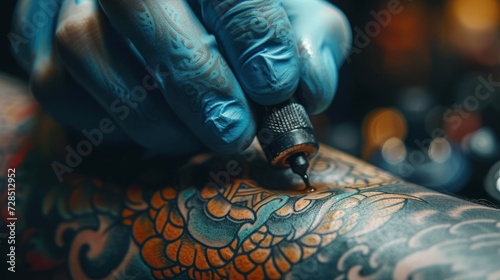 Close-up of a tattoo artist inking a custom design on a client, showcasing the precision and artistry photo