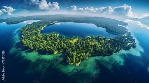 realistic photo Aerial panorama of beautiful blue lake  islands and summer forest. generative ai