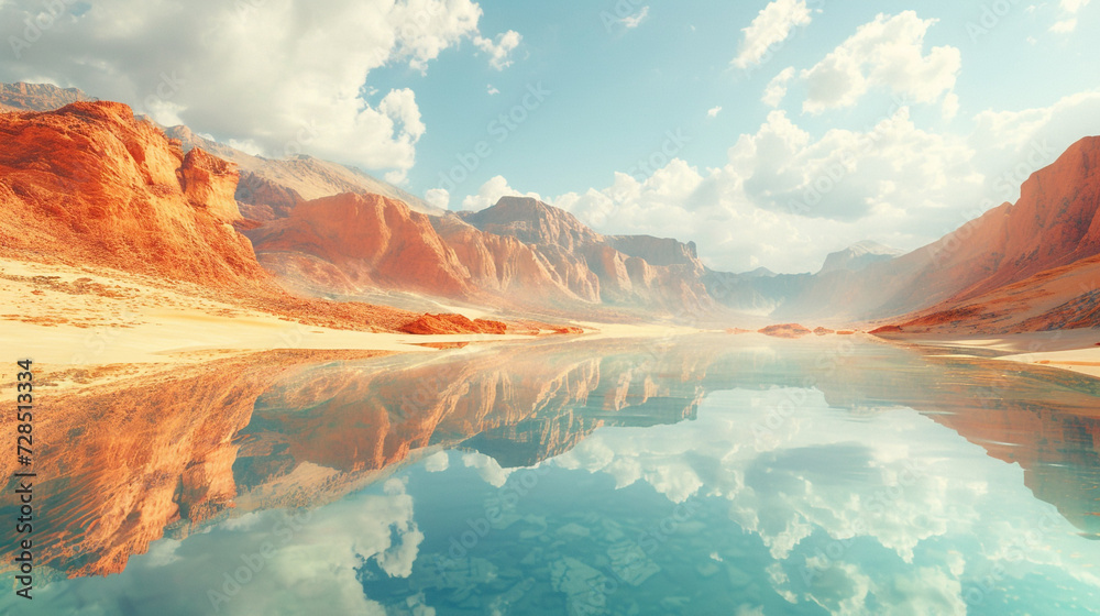 Step into a surreal desert landscape of copper and turquoise, an abstract mirage where warm and cool tones converge, creating a mirroring effect in the vast expanse. 
