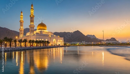 middle east arabian peninsula oman muscat sunset view of the sultan qaboos grand mosque in bawshar