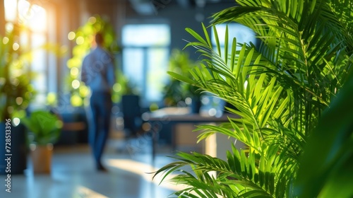 Employee personalizing their workspace with air-purifying plants, close-up on the greenery against the office background