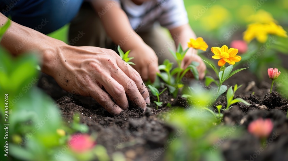 Parent teaching child to plant flowers in the garden, close-up on hands and soil