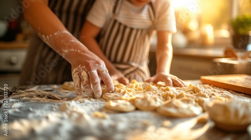 Parent and child baking cookies together in a sunlit kitchen, close-up on hands and dough