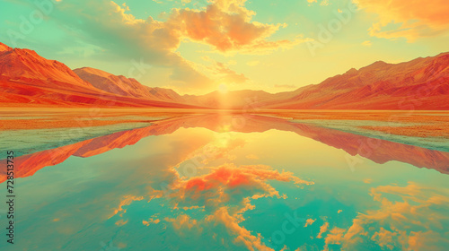 Step into a surreal desert of ochre and turquoise, an abstract mirage where warm and cool tones converge, creating a mirroring effect in the vast expanse. 