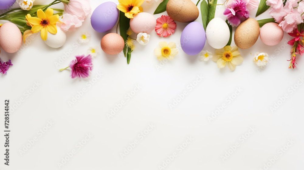 Fototapeta premium Floral frame on the background of eggs painted for Easter holiday. Easter eggs and spring flowers on white background with copy space. Eggs and spring flowers with space for text, flat lay, top view.