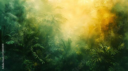 Submerge yourself in an abstract rainforest of emerald and gold, where lush foliage and shimmering sunlight create a vibrant and richly textured tropical paradise. 