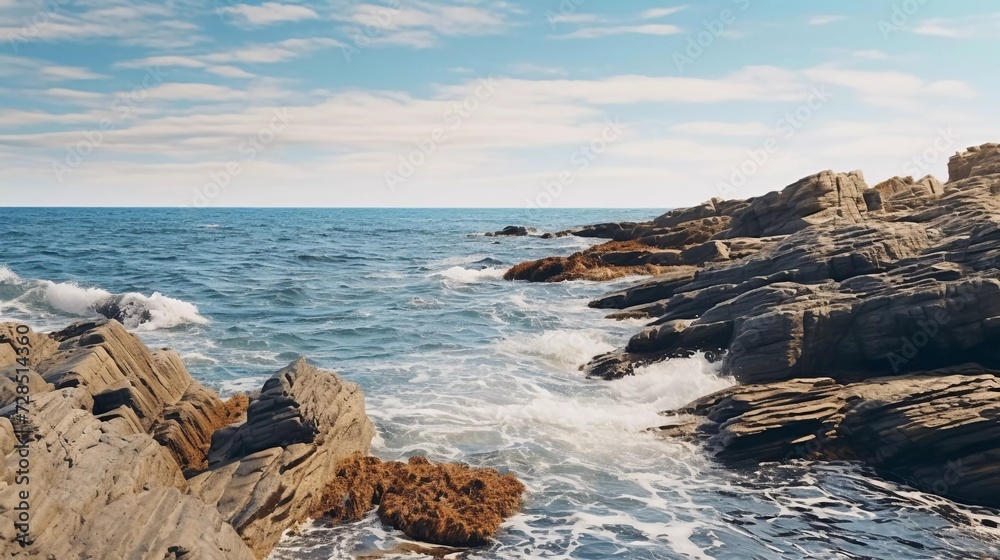 realistic photo Atlantic Ocean landscape with rocks in the afternoon. generative ai