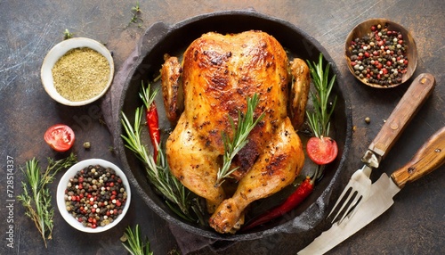 baked whole chicken with spices on pan