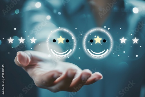 Conjoint buoyant uplift emojis. Verified reviews client media communication manipulate smiles happy faces. Neon glowing star emojis, star ratings, handicraft joyful and light happy lucky smiley faces.