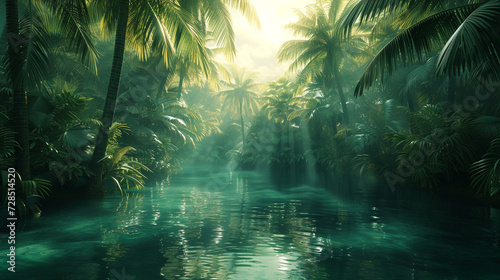 Submerge yourself in an abstract rainforest of emerald and gold, where lush foliage and shimmering sunlight create a vibrant and richly textured tropical paradise. 