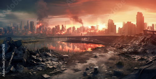 a devastated cityscape with burning buildings  smoke  and debris  reflected in a nearby body of water. It s a dramatic  catastrophic scene  ai generative