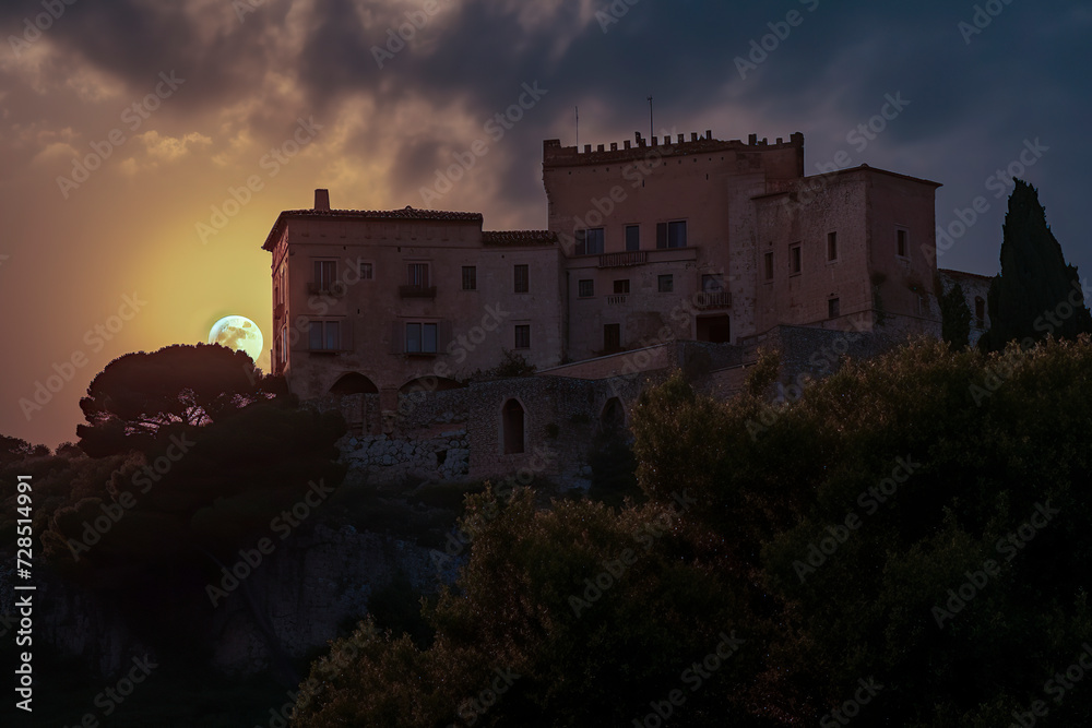 A castle-like structure silhouetted against a dramatic sunset, surrounded by vegetation, evoking a serene and mystical atmosphere, ai generative