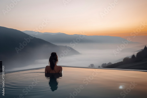woman in a pool overlooking misty mountains during a serene, beautiful sunset, ai generative, ai generative