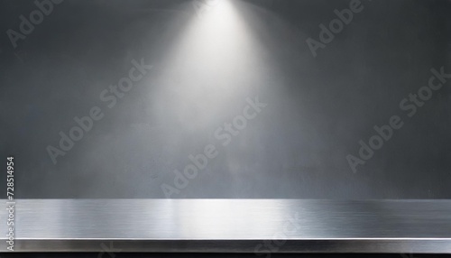 silver steel countertop empty shelf kitchen counter on gray background with spot light bar desk surface in foreground photo
