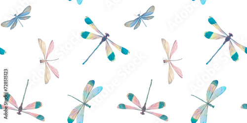 seamless pattern of multi-colored dragonflies on a white background for wallpaper, print and wrapping paper.