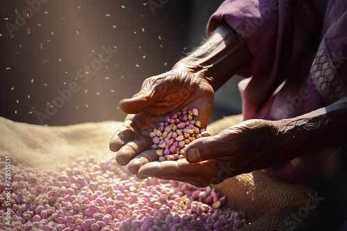a person s hands holding and sifting through colorful seeds, with more seeds in the background, illuminated by sunlight. ai generative