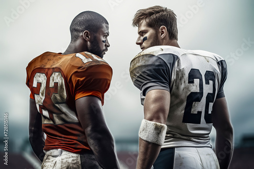 Two football players, wearing jerseys numbered 23 and 22, stand side by side on a field, ai generative