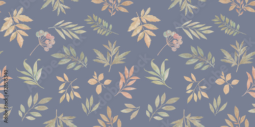 Watercolor seamless pattern, delicate leaves, branches, berries. Delicate watercolor illustration on a gray - blue background. Basis for design - fabric, textiles, wallpaper, wrapping paper