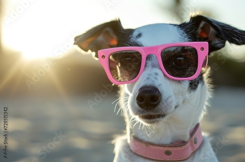A fashionable dog rocks pink sunglasses and a pink collar for a trendy and fun look © danr13