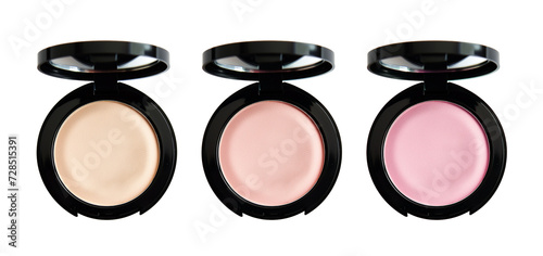Three open compact powders in varying shades from light to pink isolated on a transparent background, makeup and cosmetics concept photo