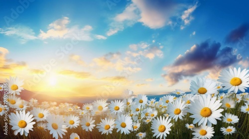 realistic photo Natural colorful panoramic landscape with many wild daisies on blue sky, with sunrise background. generative ai