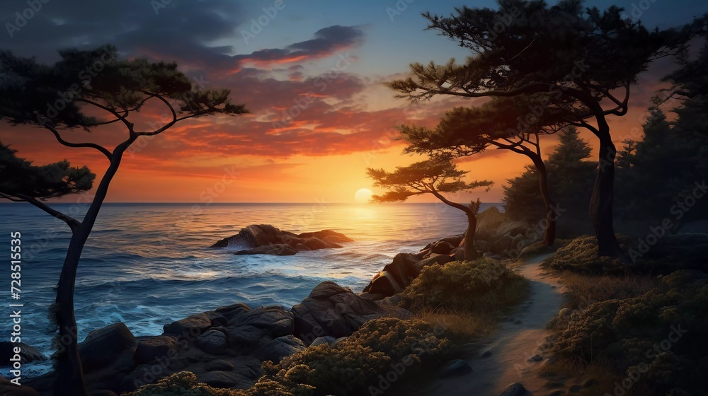 realistic photo of natural landscape, sea sunset, between trees. generative ai