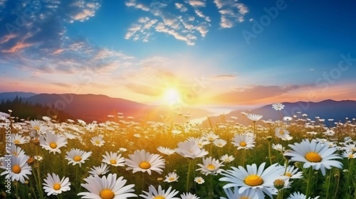 realistic photo Natural colorful panoramic landscape with many wild daisies on blue sky, with sunrise background. generative ai
