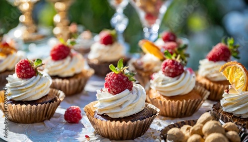 fresh appetizing sweet desserts close up on a decorated festive buffet table