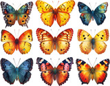Set of 9 Butterflies isolated on transparent background, colorful vibrant butterfly clipart illustration